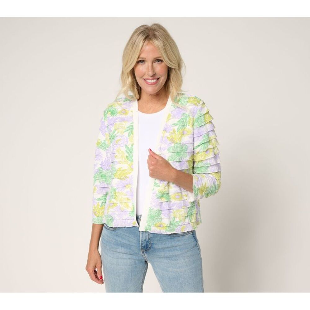 Susan Graver Women's Top Sweater Sz M Printed Tiered Ruffle Multi-colored